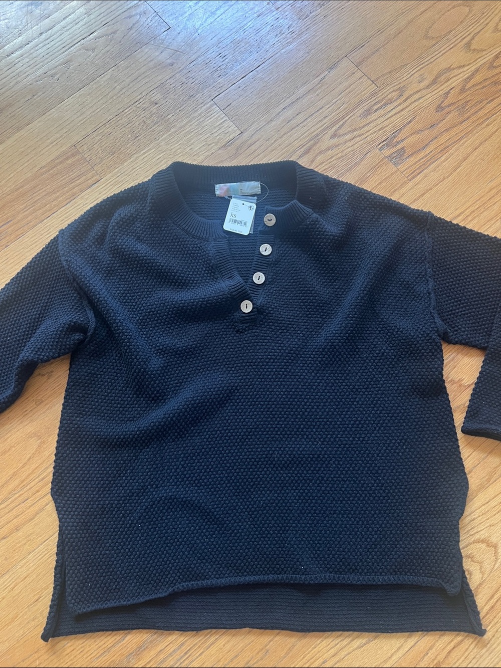 Free People Beach Black Textured Henley Buttoned Sweatshirt Small Nwt